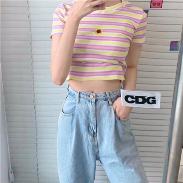 (Ảnh thật)Áo croptop borip sọc in hoa cúc full 3 màu