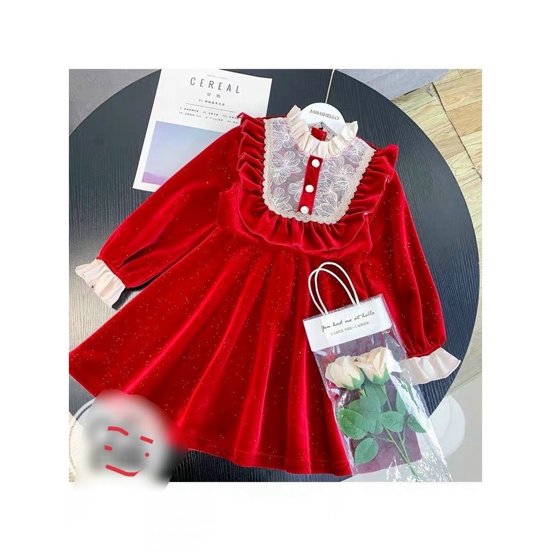 Váy nhung đỏ pha ren dành cho bé