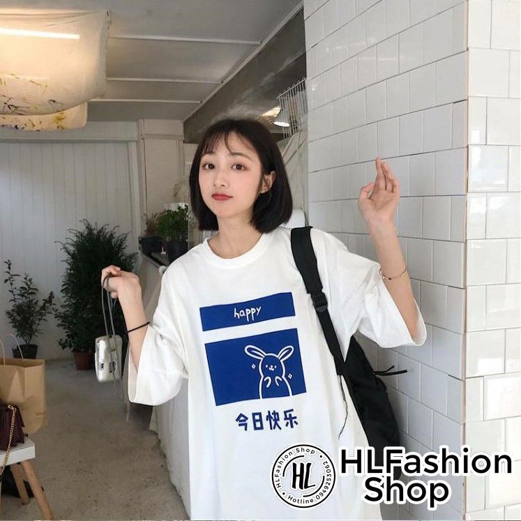 Áo thun tay lỡ form rộng Thỏ Happy - Sad siêu đẹp, áo phông form rộng size HLFashion