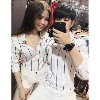 Áo sơ mi nam nữ chất lụa mát, mịn, không nhăn phối sọc chất