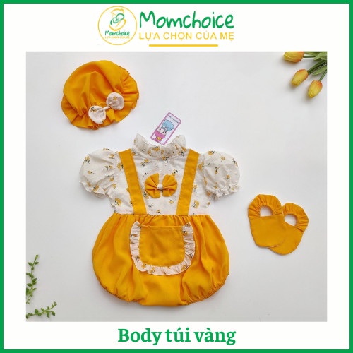Bodysuit yếm vàng cho bé gái❤️FREESHIP❤️Body trẻ em tặng kèm mũ,giày vải từ ss-13kg chất đũi Hàn phối vải boi hạt