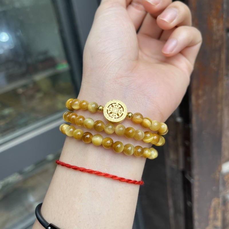 Vòng Tay Phong Thuỷ Mắt Hổ Vàng Mix Charm Bạc Mạ Vàng - Đeo quấn 3 vòng tay