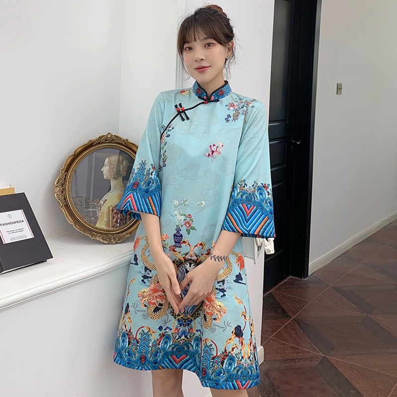 Đầm sườn xám Trung Hoa dáng chữ A tay lỡ thời trang nữ