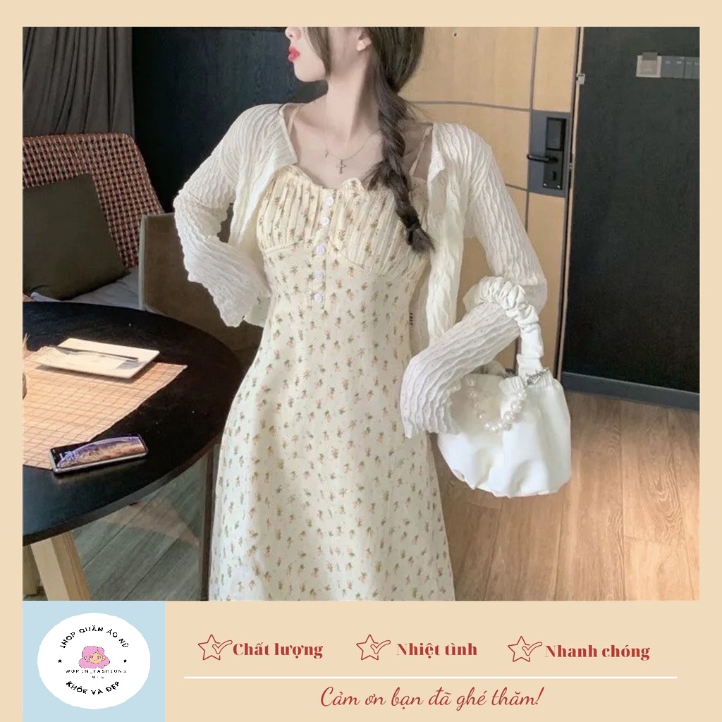Váy Hai Dây Hoa / Áo Khoác Cardigan Mỏng BC01 Phong Cách Hàn Quốc