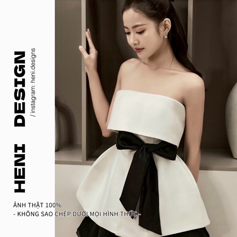 ROSÉ sᴇᴛ -SET Áo Cúp Ngực + Chân Váy Xoè , áo ống trắng, váy đen - Heni Design