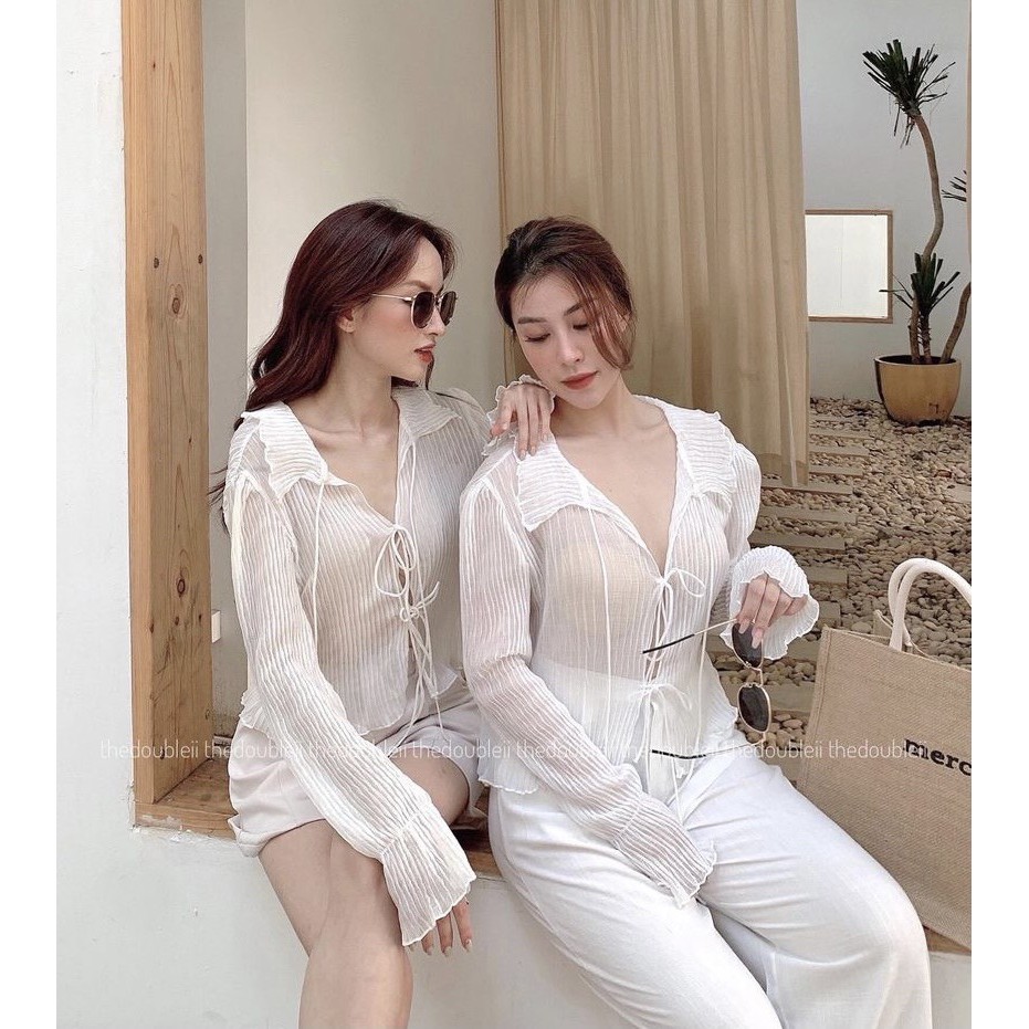 [ORDER] Áo sơ mi voan mỏng tay dài buộc dây 2 màu