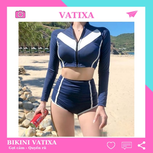 Đồ bơi nữ Bikini hai mảnh dài tay khóa kéo dáng quần đùi kín đáo VATIXA BKN98