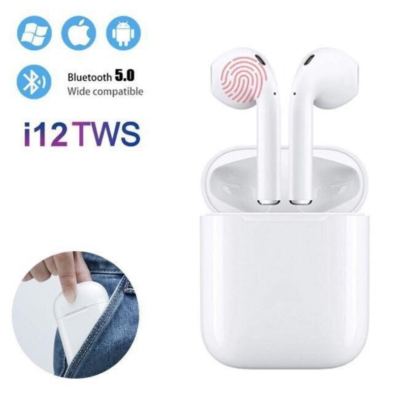 Tai Nghe Bluetooth 5.0 I12 TWS | Cảm Biến Vân Tay, Chất Âm Êm, Trong Trẻm Thời Lương Pin Tốt, Sang Trọng