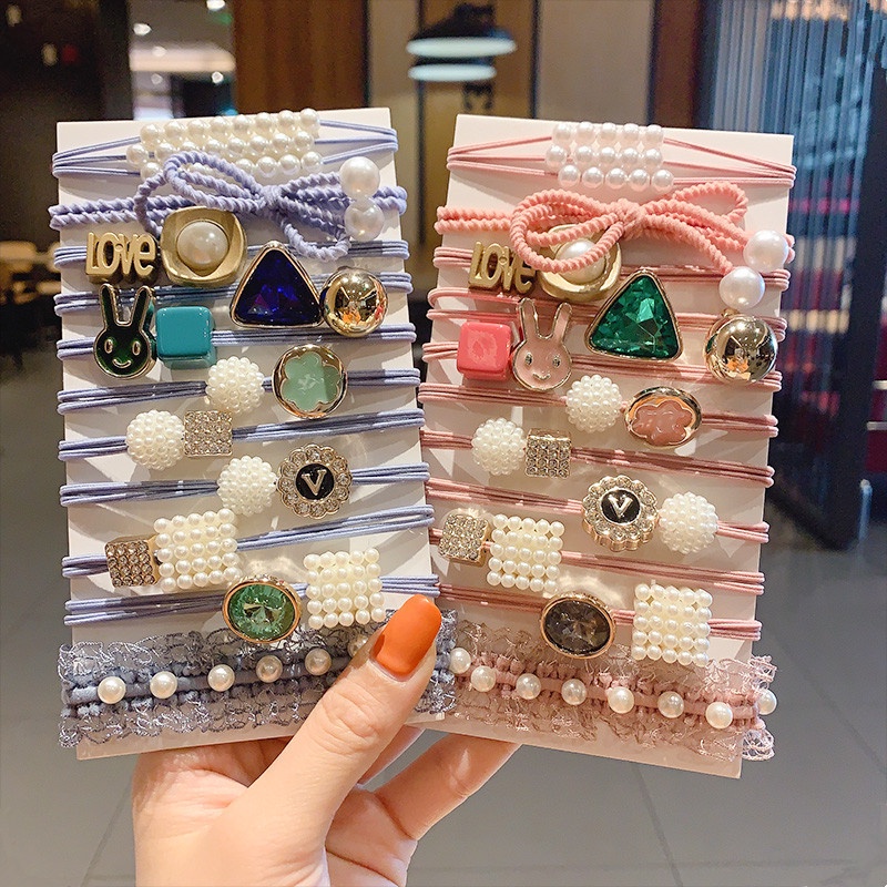 Bộ 11 Dây Cột Tóc Cao Su Đính Ngọc Trai Dễ Thương Phong Cách Hàn Quốc