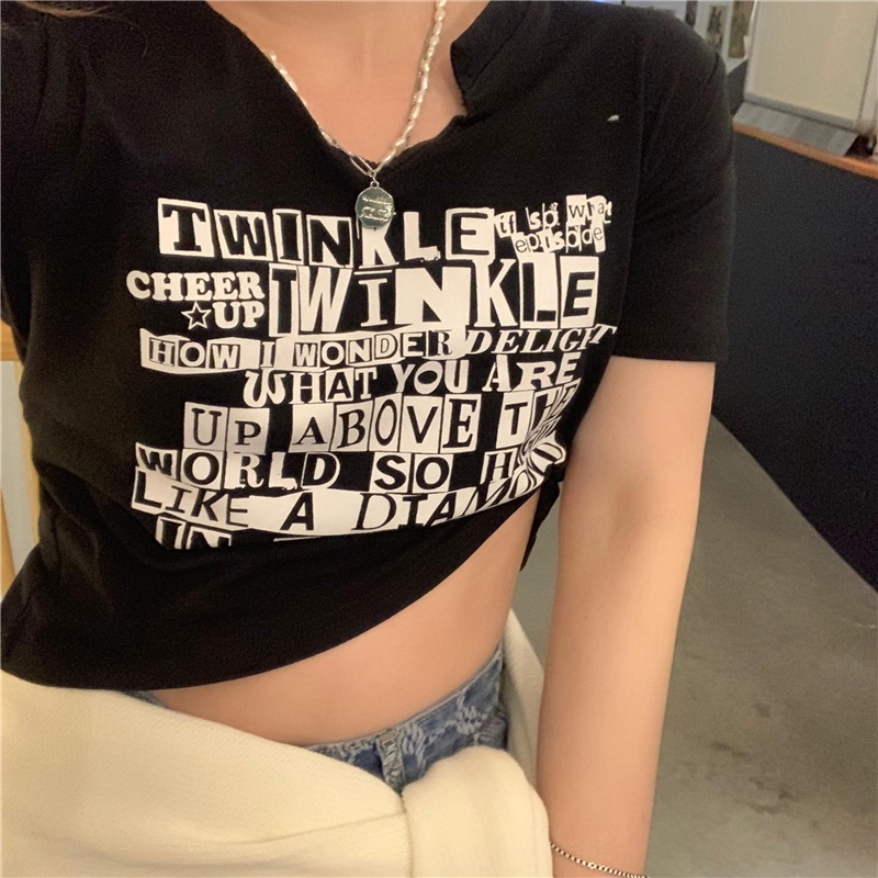 Áo Croptop Tay Ngắn Cổ Chữ V Dáng Ôm In Chữ Thời Trang Cho Nữ