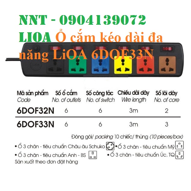 Ổ cắm điện lioa 6 lỗ 6 công tắc, 6D ON-OF có nắp che dây dài 3m x 3 lõi đồng (6DOF33N)