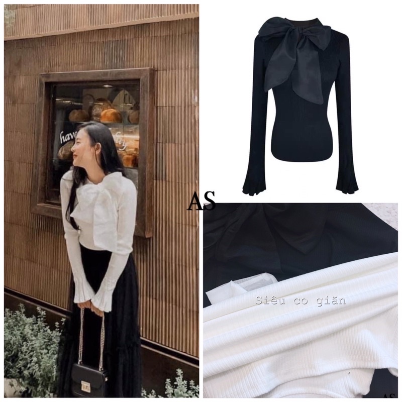 ⚡️BÁN SỈ⚡️Áo len tăm nơ cổ 2 màu đen trắng