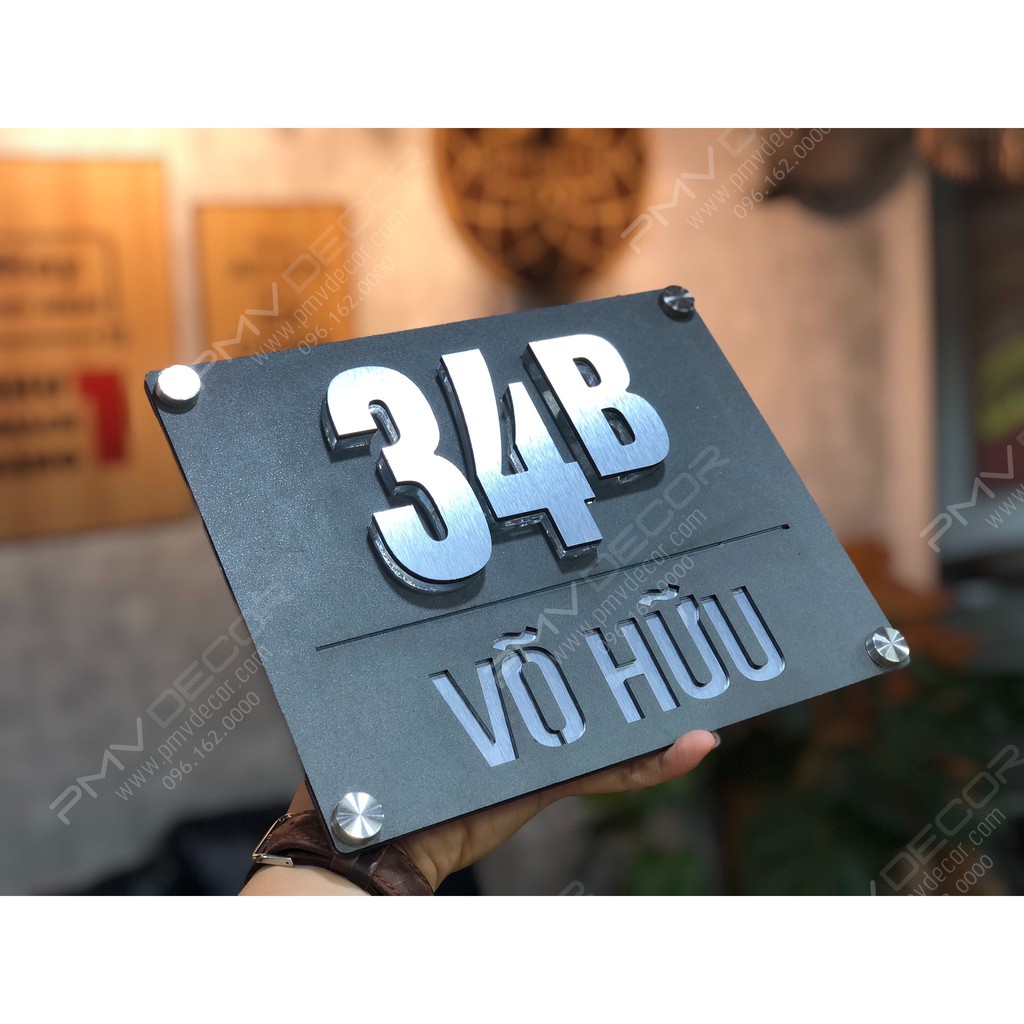 Biển số nhà - Bảng số nhà - Mica ghi sần alu mạ inox, số nổi 10mm, ngoài trời sang trọng tinh tế