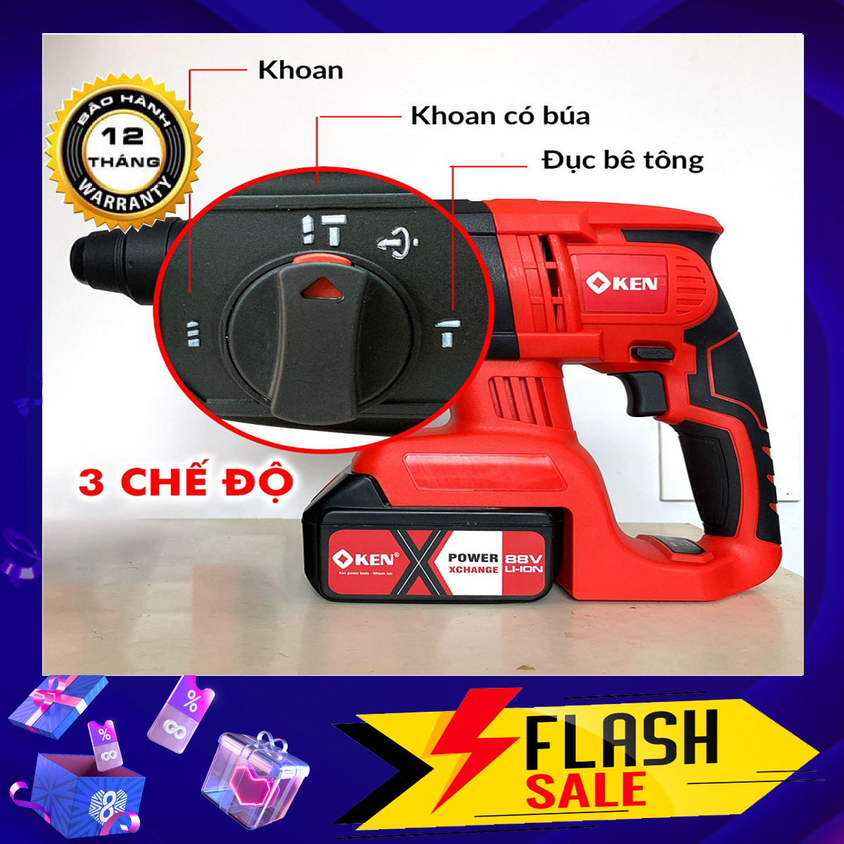 MÁY KHOAN BÊ TÔNG PIN KEN 88V - 3 CHỨC NĂNG-KHÔNG CHỔI THAN - MÁY KHOAN ĐỤC BÊ TÔNG DÙNG PIN - MÁY KHOAN TƯỜNG DÙNG PIN