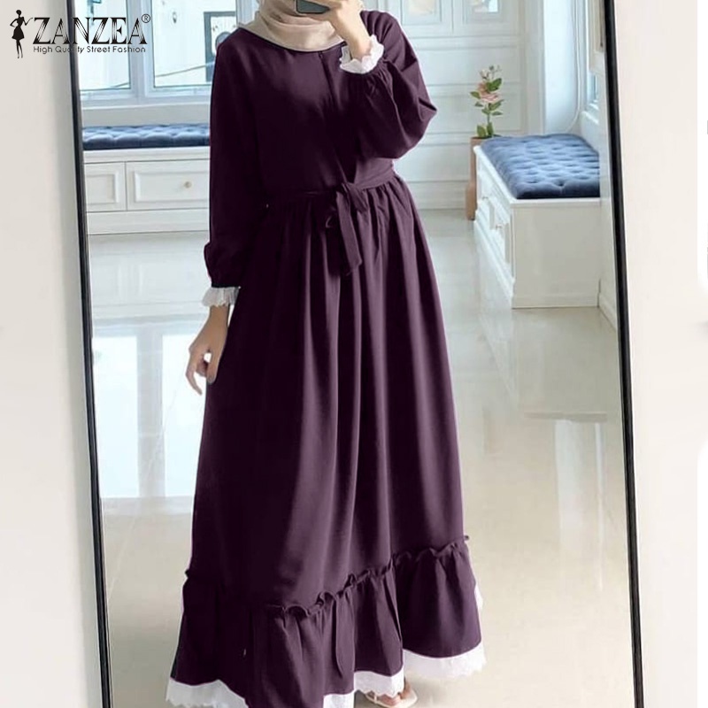 Đầm maxi ZANZEA tay dài cổ tròn màu trơn viền nhún bèo phong cách thanh lịch thời trang thường ngày cho nữ