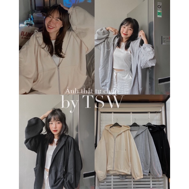 Áo khoác nỉ tăm trơn có mũ tay phồng dáng rộng, áo khoác hoodie kéo khoá OVERSIZE TSW (Ảnh thật)