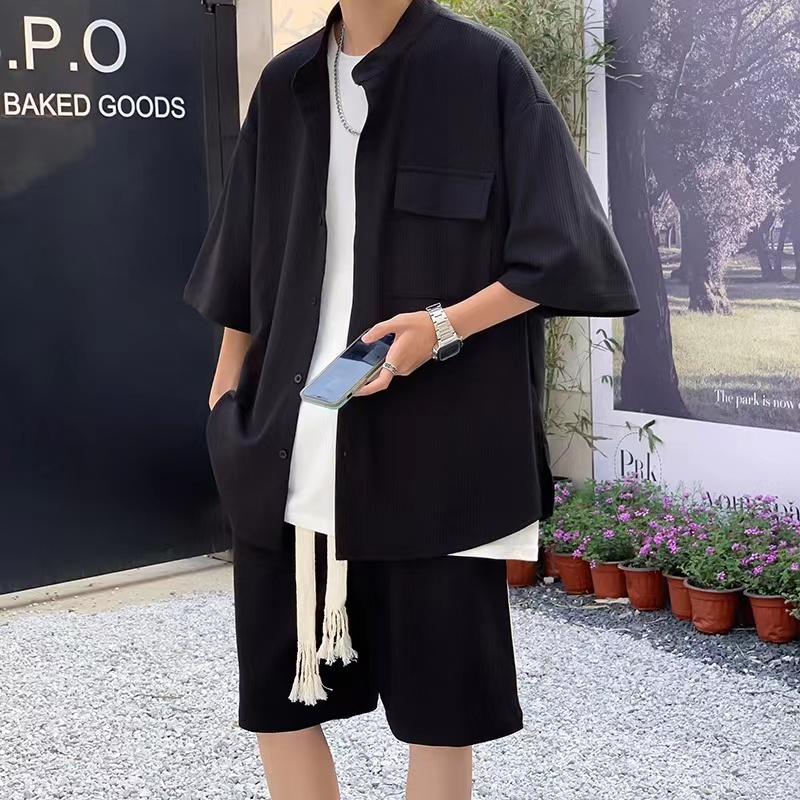 Áo Khoác Sơ Mi Nhung Kẻ Sọc Tay Ngắn Dáng Rộng Màu Sắc Đơn Giản Trẻ Trung Phong Cách Hàn Quốc
