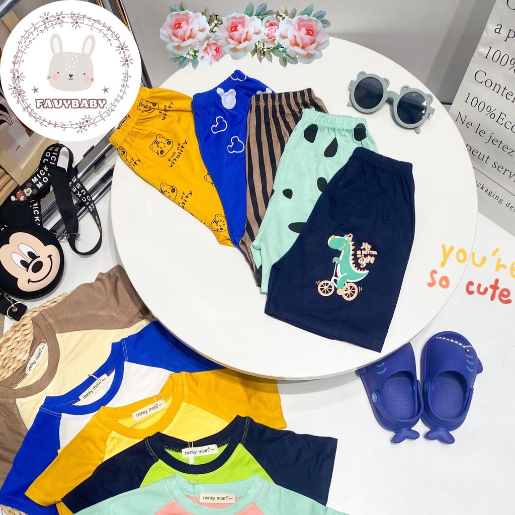 Bộ Cộc Tay MINKY MOM Chính Hãng Bé Trai Bé Gái Raplan Tay Ngắn Hổ Khủng Long Mickey Bé 0 1 2 3 4 5 Tuổi - Favybaby