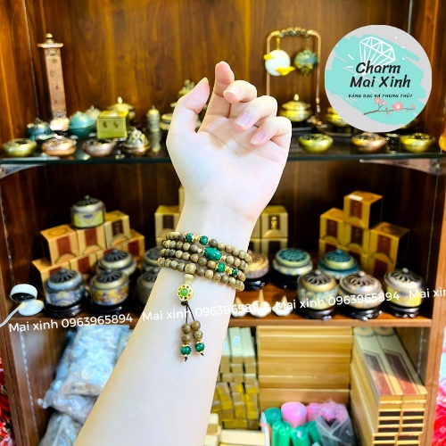 Chuỗi Trầm Hương Tốc 108 Hạt mix Lu Sơn Thủy + Charm Xanh - Vòng Tay Gỗ tự nhiên Nữ phong thuỷ