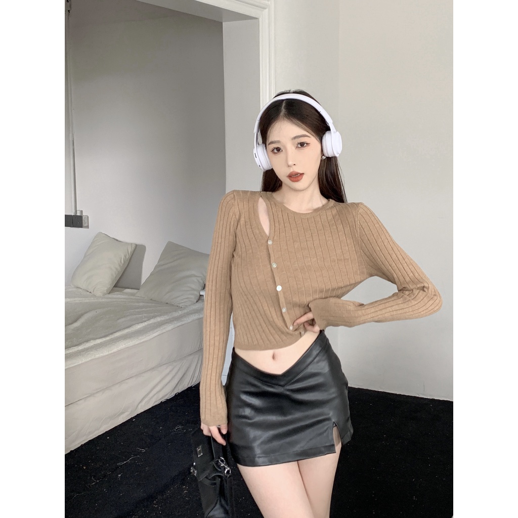 Áo cardigan Dệt Kim Mỏng Màu Trơn Cổ Tròn / Váy Đen Lưng Cao Thời Trang Hàn Quốc