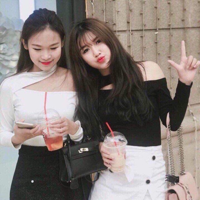 Áo borip lẹch vai hai màu đen trắng