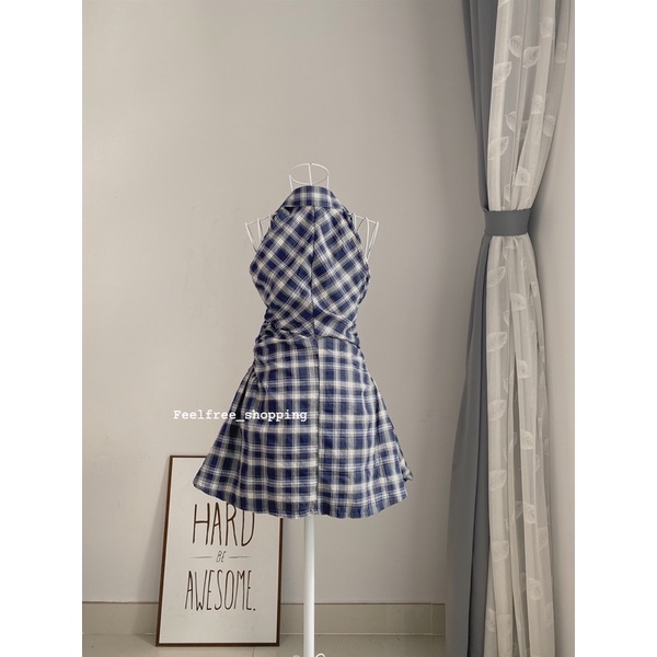 Set Váy+Quần caro xanh và hồng sơmi cổ yếm eo nhún có quần mặc đi chơi,đi làm,đi học (hình thật)