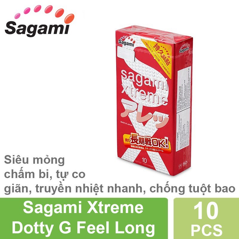 Bao cao su Sagami Sagami Dotty G Feel Long - Siêu mỏng, chấm bi, tự co giãn (Hộp 10 Cái)