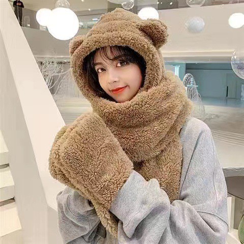 Mũ len nữ liền khăn quàng cổ và bao tay dày ấm thiết kế tai gấu dễ thương