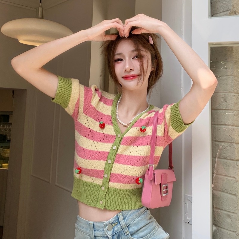 Áo cardigan ZHELIHANGFEI dệt kim tay ngắn kẻ sọc in hình dâu tây dễ thương