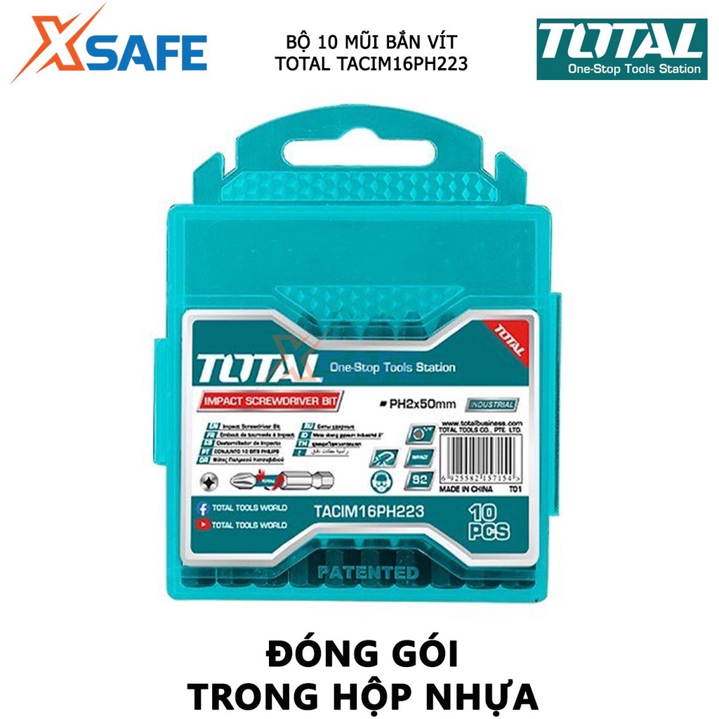 Bộ mũi bắt vít có từ TOTAL TACIM16PH223 | bộ 10 mũi siết vít PH2x50mm thép công nghiệp S2 tháo, siết vít nhanh chóng hơn