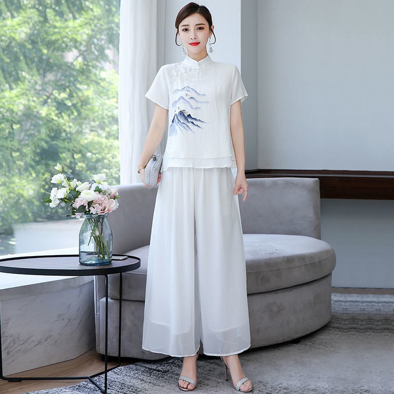 Đĩa đơn hoặc bộ đồ nữ Hanfu nút giả vải lanh phía trên Quần ống rộng voan Dịch vụ trà thêu phong cách Trung QuốcZZ