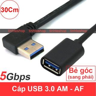 Cáp USB 3.0 AM AF 1 đầu bẻ góc phải - Dây USB 3.0 1 đầu đực 1 đầu cái 1 đầu xoay bẻ góc bên phải 30Cm (màu đen)