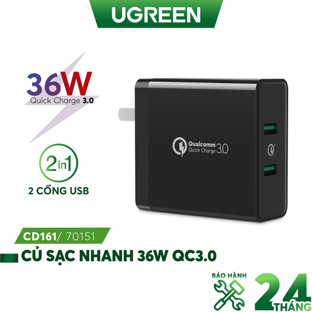 Sạc nhanh UGREEN CD161 2 cổng tốc độ cao chuẩn Quick Charge 3.0, công suất tối đa 36W - Hàng chính hãng