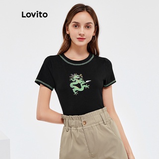 Áo thun Lovito thiết kế dáng ngắn in hình rồng cơ bản L25AD013