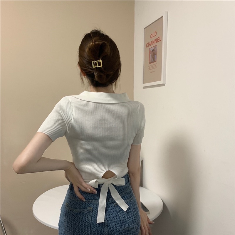 Áo Croptop Len [Tiệm Vải Xinh] Áo Croptop Cổ Đổ Nơ Buộc Lưng Ct015