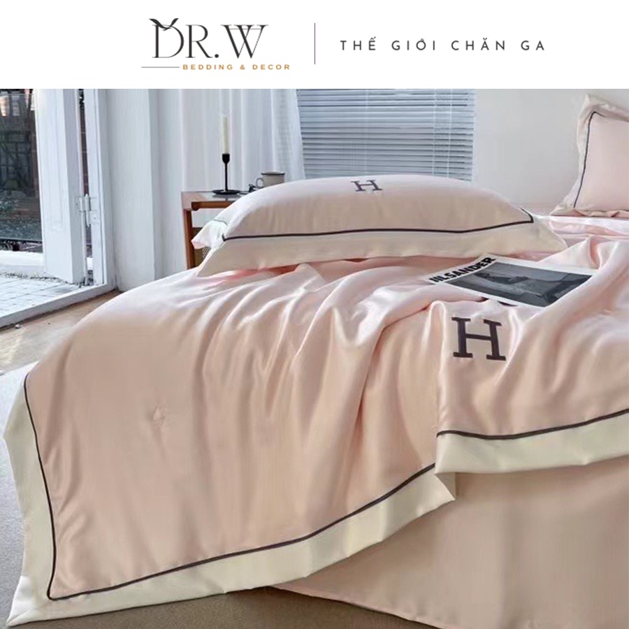 Bộ chăn ga gối nệm đệm set 4 món cotton lụa chữ H chăn hè DR.W cao cấp bo chun drap giường giường - Thế Giới Chăn Ga