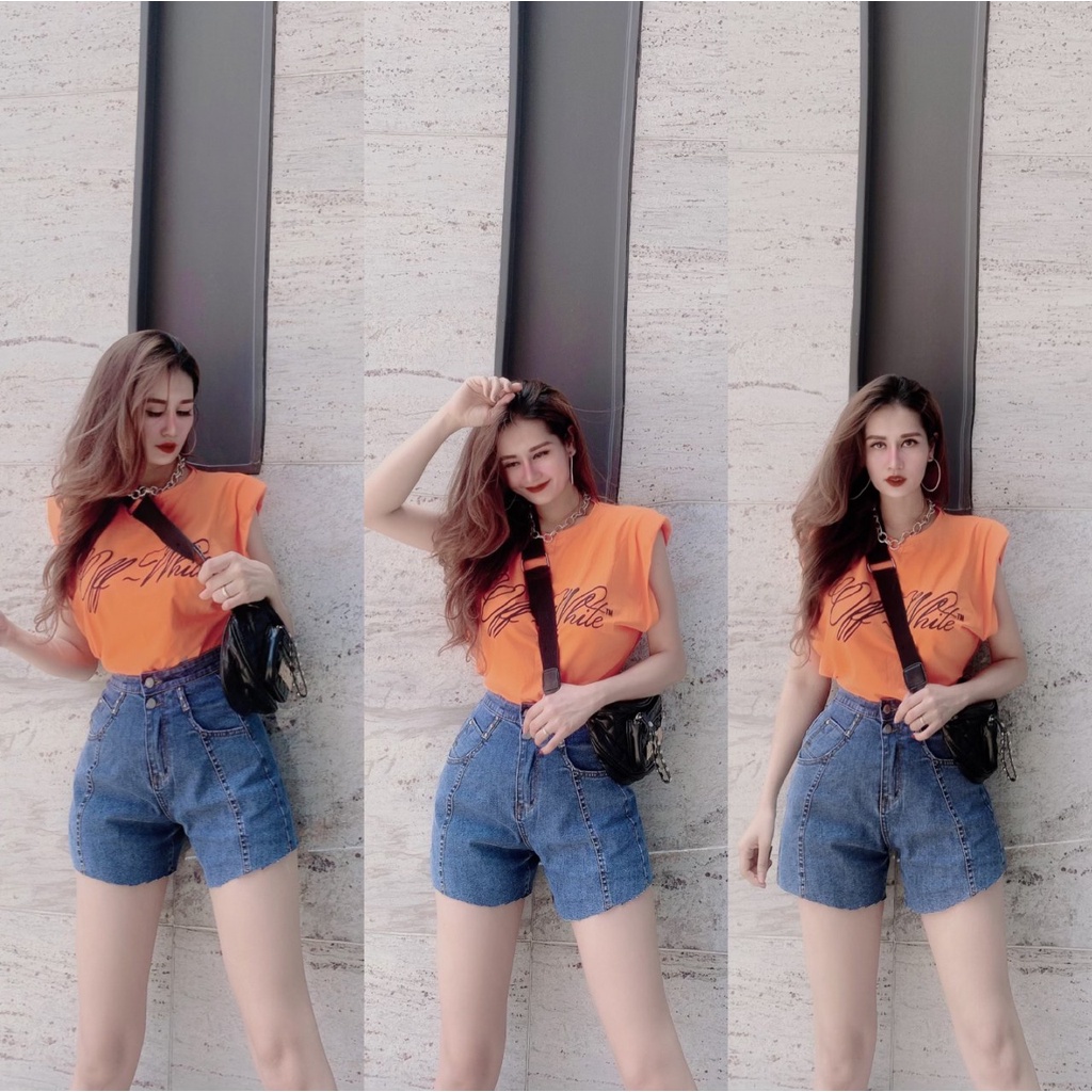 [Jeans nữ thiết kế] Quần sooc bò trơn gân trước, quần shorts jeans lưng cao túi chéo 2 khuy. Sooc bò S4105