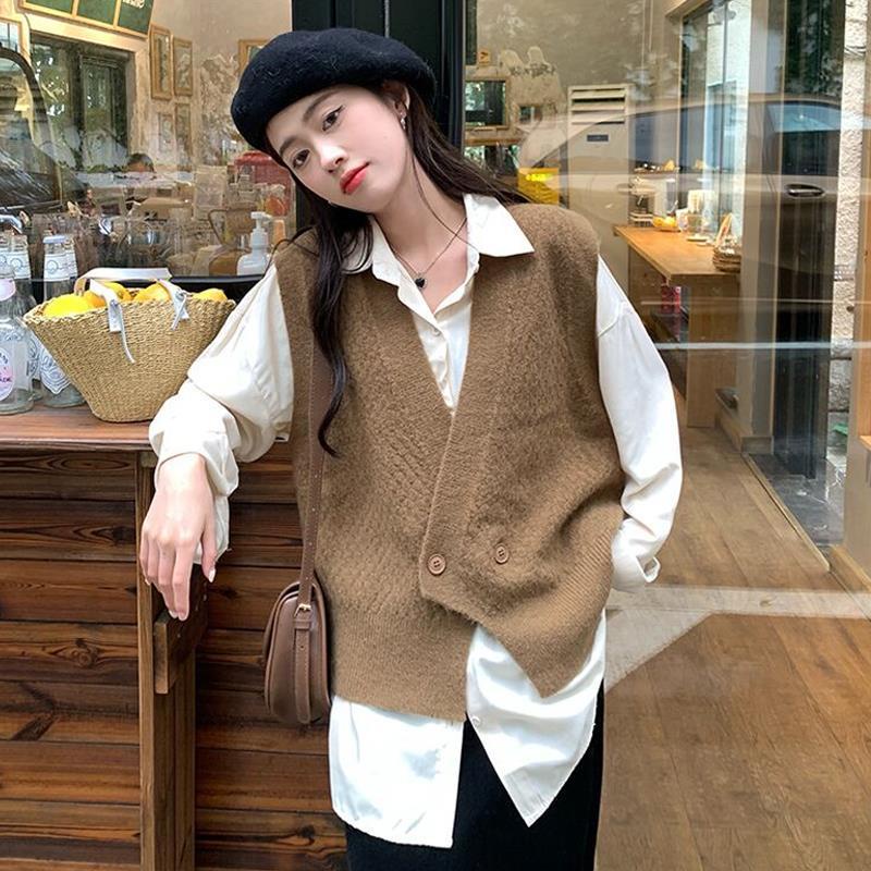 Bộ áo sơ mi tay dài và áo len không tay cổ chữ V thời trang Hàn Quốc cho nữ (có bán lẻ)