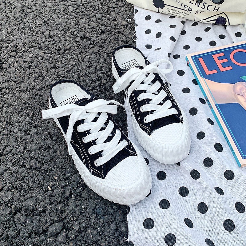 Giày sục thể thao nữ vải canvas đạp gót sục nữ đế độn màu đen trơn cao 3p form rộng LAPA - LP088