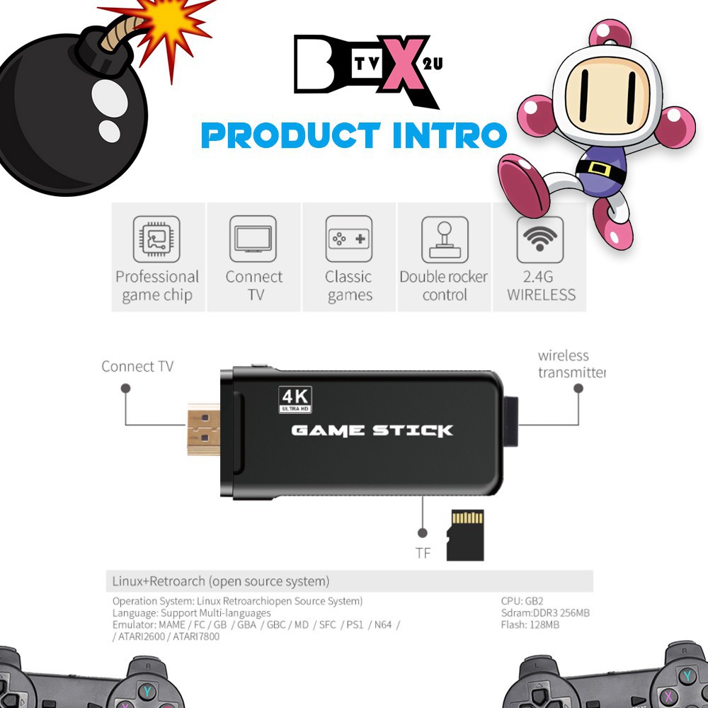 Game Stick 4K HDMI 4 Nút 32GB Tích Hợp 3500 Games + Trò Chơi Cho MAME, FC, GB, GBA, GBC, MD, SFC, PS1, N64, ATARI2600