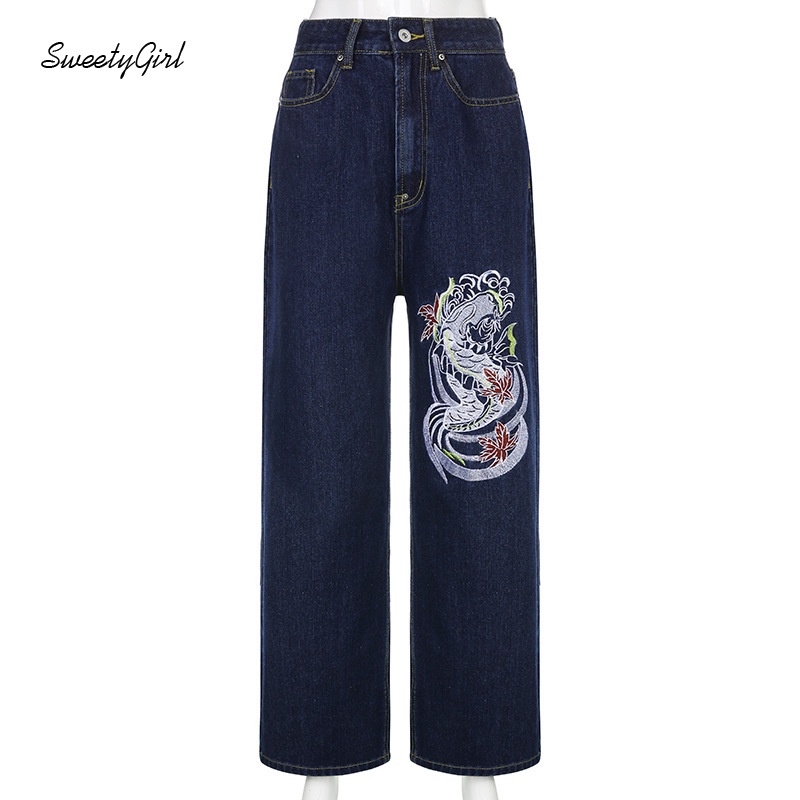 Quần Jeans Nữ Lưng Cao Thêu Hình Rồng Thời Trang