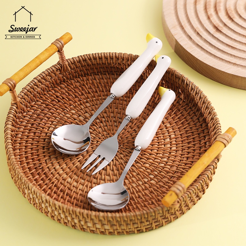 1 Muỗng Nĩa Bằng Thép Không Gỉ 304 Hình Vịt Vàng Dễ Thương