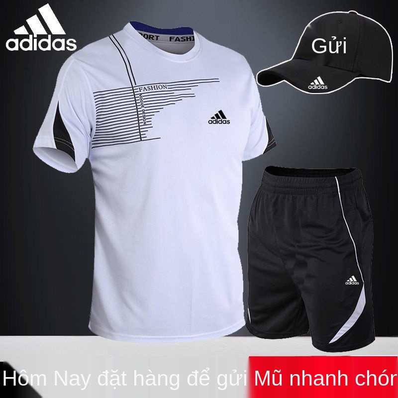 ▧♠Adi sports suit nam áo phông ngắn tay mùa hè chạy hai mảnh- làm khô quần tập thể dục của giới đồ thao cỏ ba lá