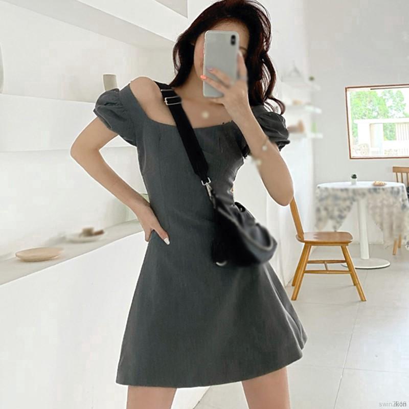 Đầm Nữ Tay Phồng Cổ Vuông Dáng Chữ A In Họa Tiết Hoa Xinh Xắn