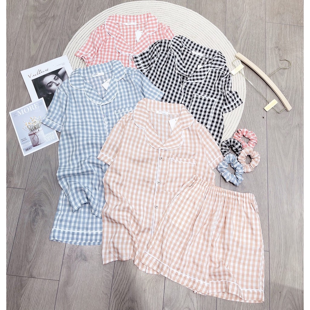 Bộ ngủ mặc nhà kẻ Caro Freesize siêu thoải mái cho các nàng (tặng kèm chun cột tóc)