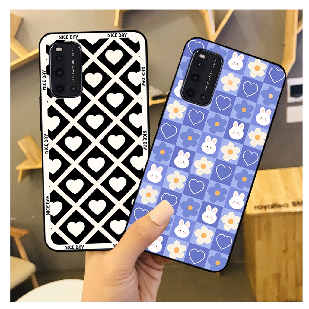 Ốp lưng Vivo V19 in hoạ tiết caro trái tim đen trắng, gấu bear cute đáng yêu