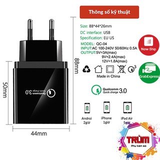 Củ sạc nhanh di động quick charge 3.0 hỗ trợ 4 cổng cắm, có đèn led l Củ sạc nhanh điện thoại cao cấp, có đèn báo