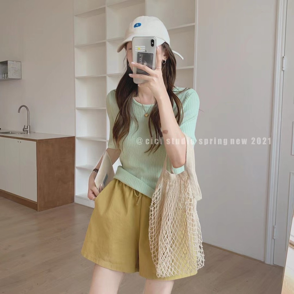 Quần short thô chun rút eo Ulzzang style  Hàng quảng Châu