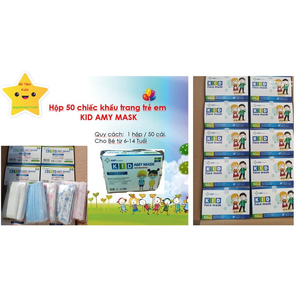 Hộp 50 chiếc khẩu trang trẻ em KID AMY MASK nhiều màu