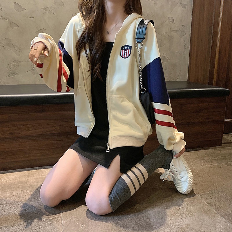 Áo hoodie tay dài phối màu tương phản thời trang Hàn Quốc